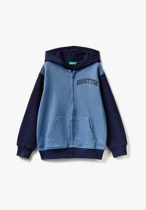Sweat à capuche zippé bleu et bleu marine avec poches avant, capuche, et texte "BENETTON" sur le côté gauche de la poitrine.