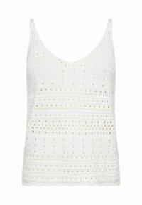 Biała bawełniana bluzka bez rękawów z dekoltem w kształcie V, z wzorami dzianinowymi, małymi otworami i falbaniastym wykończeniem. Cienkie ramiączka podkreślają design.