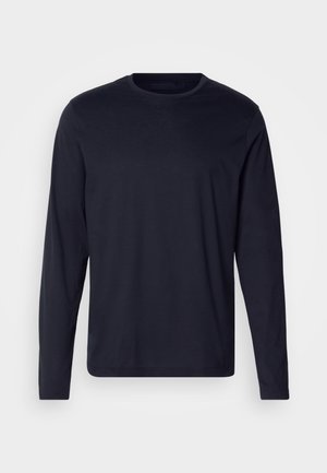 Black long-sleeve crew neck shirt with a plain, smooth texture, displayed against a light gray background.