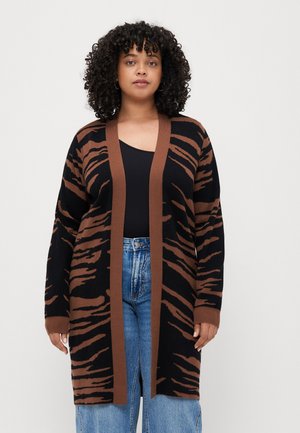 Long, open-front cardigan featuring a black and brown tiger stripe pattern, made of soft material. Includes long sleeves and ribbed cuffs.