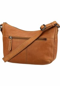 Borsa a tracolla in pelle tan con forma curva, tasca con zip, tracolla regolabile e dettagli di cucitura visibili. Texture liscia con un design minimale.
