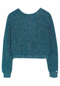 Teal and silver metallic knit cropped sweater with long sleeves and slight balloon cuffs, featuring a small round metal button on one cuff.