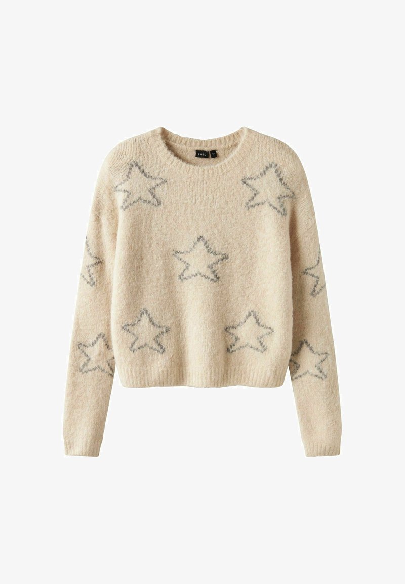 Béžový pletený svetr s kulatým výstřihem, zkráceným střihem a šedými hvězdnými vzory po celé ploše. Měkká textura a žebrované manžety.