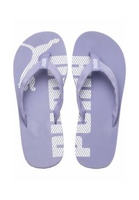 Infradito viola con una soletta testurizzata e cinturini in tessuto. Presentano un marchio a righe bianche sulla soletta. Design leggero.