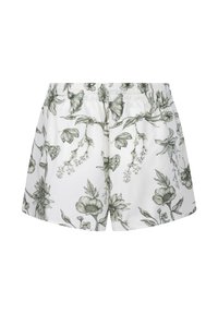 Witte shorts met elastische tailleband, versierd met een zwart en grijs gedetailleerd bloemen- en bladerenpatroon, weergegeven van voren op een effen witte achtergrond.