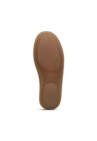 Suola di scarpa in gomma di colore beige con un design testurizzato, caratterizzata da scanalature orizzontali e motivi circolari per una migliore aderenza. Taglia 27 indicata.