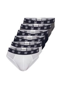 Sæt af syv herreboxershorts i hvid, mørk navy og grå. Blødt bomuldsstof med elastiske taljebånd, der har "CR7"-branding i kontrastfarver.