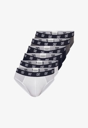 Sæt af syv herreboxershorts i hvid, mørk navy og grå. Blødt bomuldsstof med elastiske taljebånd, der har "CR7"-branding i kontrastfarver.