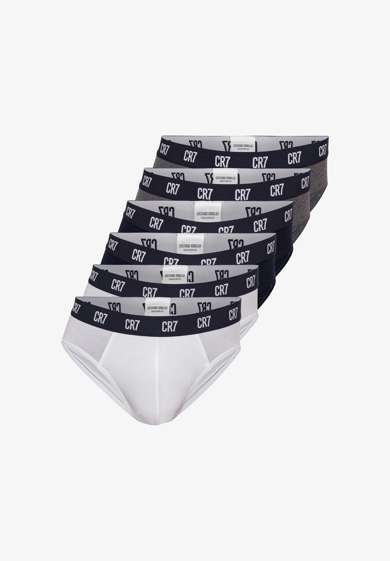 Set aus sieben Herrenunterhosen in Weiß, Dunkelblau und Grau. Weicher Baumwollstoff mit elastischen Taillenbändern, die mit "CR7"-Marken in kontrastierenden Farben versehen sind.