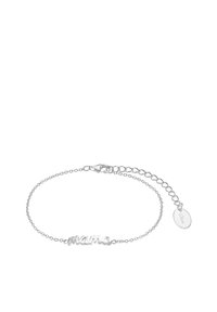 Braccialetto d'argento con un'iscrizione "mama" in corsivo. Design a catena con chiusura a gancio e un'estensione regolabile con un'etichetta.