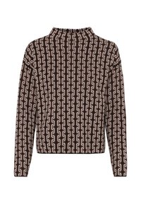 Brun mønsterpullover med høj krave, der har et geometrisk design i hvid og tan, lavet af et struktureret stof. Lange ærmer.