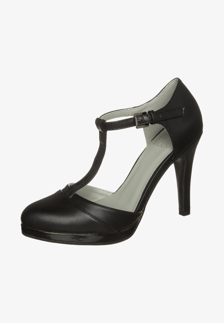 Chaussure à talon haut en cuir noir avec bride en T, fermeture à boucle et bout arrondi fermé, dotée d'un talon stiletto fin et d'une semelle compensée.