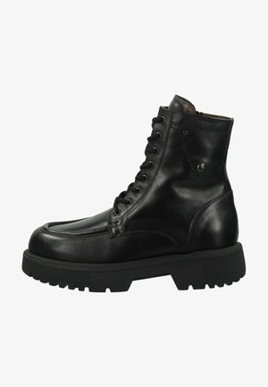 Black leather lace-up boot with a rounded toe, textured rubber sole, eyelets on the shaft, and a small metallic accent on the side.
