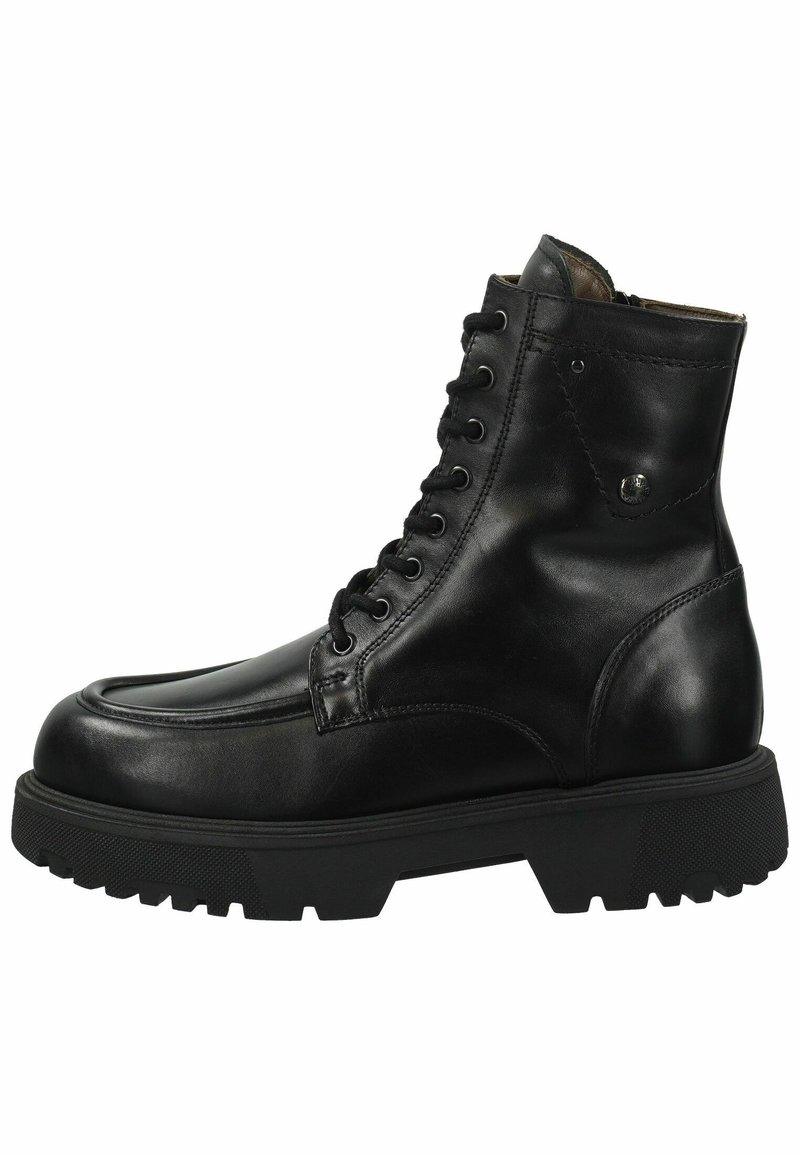 Black leather lace-up boot with a rounded toe, textured rubber sole, eyelets on the shaft, and a small metallic accent on the side.