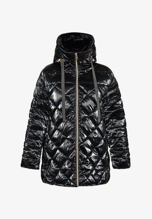 Černá péřová bunda s lesklým prošívaným povrchem, kapucí a šedými šňůrkami. Obsahuje přední zip a měkkou vnitřní podšívku.