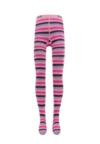 Gestreifte Strumpfhosen in Pink, Lila und Marineblau. Hergestellt aus dehnbarem Stoff und mit abwechselnden horizontalen Streifen versehen.