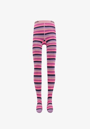 Gestreifte Strumpfhosen in Pink, Lila und Marineblau. Hergestellt aus dehnbarem Stoff und mit abwechselnden horizontalen Streifen versehen.