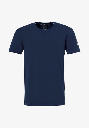 Kongeligt blå T-shirt med korte ærmer lavet af glat stof. Har en rund halsudskæring og et lille logo på venstre ærme. Simpelt og moderne design.