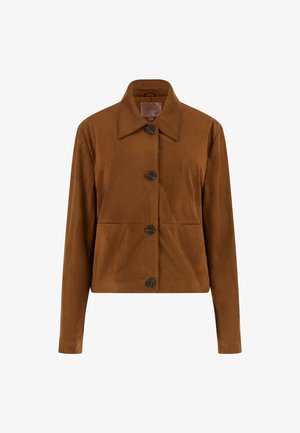 Giacca in suede marrone con colletto, cinque bottoni sul davanti e silhouette cropped. Texture morbida e dettagli di design puliti.