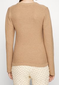 Beige stickad tröja med ribbat nacke och långa ärmar, med en slät textur och en figurnära silhuett bak.