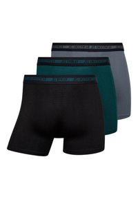 Pakke med tre boxer briefs i sort, teal og grå. Funktioner et blødt materiale med en komfortabel elastisk talje med teksten "JBS UNDERWEAR."