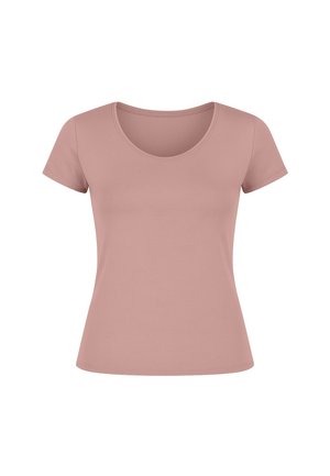 Kortärmelig roze katoenen T-shirt met een ronde halslijn en een aansluitende pasvorm. Gladde textuur zonder zichtbare patronen of accenten.