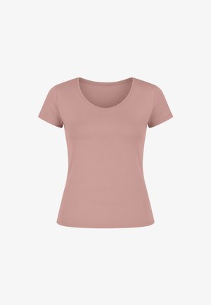 Kortärmelig roze katoenen T-shirt met een ronde halslijn en een aansluitende pasvorm. Gladde textuur zonder zichtbare patronen of accenten.