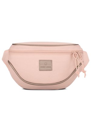 Light pink fabric waist bag with front zipper pocket, branded patch in center, and adjustable side straps.