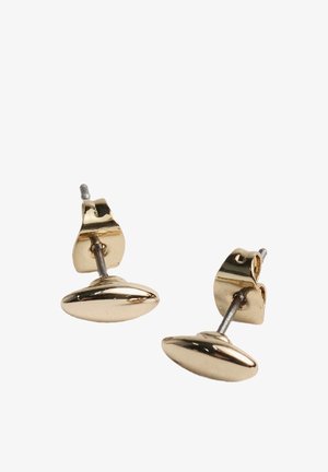 Kolczyki na sztyft w kolorze złotym o owalnym kształcie i błyszczącym wykończeniu; posiadają zapięcie typu sztyft zapewniające bezpieczne mocowanie.