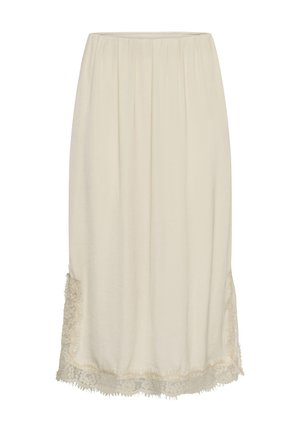 Krémová midi sukňa s elastickým pásom a čipkovou ozdobou pozdĺž lemu a bočných rozparkov.