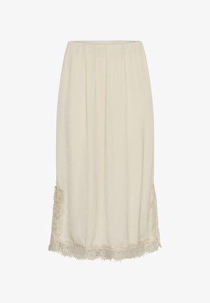 Krémová midi sukňa s elastickým pásom a čipkovou ozdobou pozdĺž lemu a bočných rozparkov.