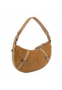 Borsa a tracolla in suede marrone con una forma curvata, dettagli in pelle, tracolla regolabile e finiture in argento. Presenta una chiusura con zip.