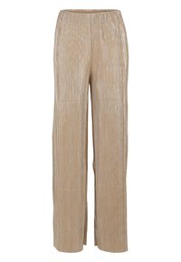Pantalons larges beiges en tissu texturé et métallique avec des nervures verticales ; dotés d'une taille élastique pour plus de confort.