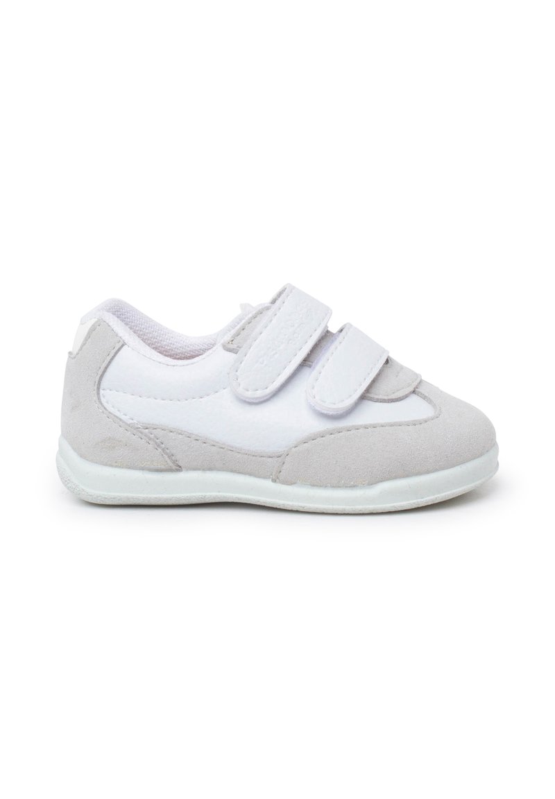 Gray and white athletic shoe with velcro straps, made of smooth and suede materials. Features rounded toe and lightweight rubber sole.