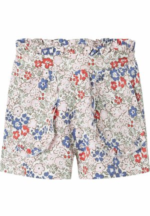 Blommigt tryckta shorts med en ljusgrön bas som pryds av rosa, röda och blå blommor. Volangmidja och två stora påsydda fickor. Tillverkade av bomull.