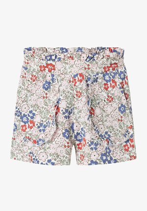 Blumenmuster-Shorts mit hellgrünem Grund, die pinke, rote und blaue Blumen zeigen. Rüschenbund und zwei große aufgesetzte Taschen. Baumwollstoff.