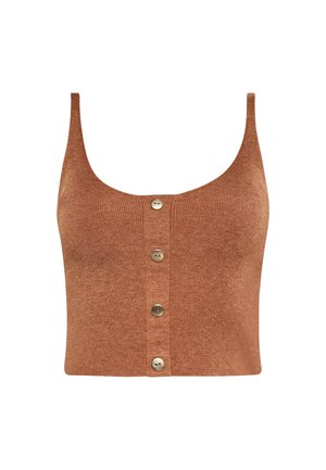 Braunes geripptes, kurzes Tanktop mit breiten Trägern und fünf Knöpfen in der Mitte vorne. Weiche Textur, figurbetontes Design und einfarbig.