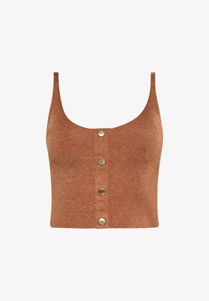 Pruunist sooniribast cropped tank topist, millel on laiad rihmad ja viis nööpi esiosas. Pehme tekstuur, vormiv disain ja ühtlane värv.