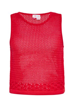 Débardeur rouge en tricot avec un motif à mailles ouvertes, encolure ronde et une bordure décorative à l'ourlet. Fabriqué en matériau respirant.