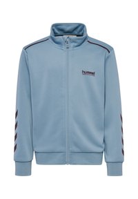 Jasnoniebieska kurtka na zamek z gładkiego materiału, z ciemnoczerwonymi akcentami i wzorami w zygzak na rękawach.