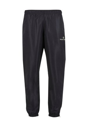 Sorte træningsbukser lavet af glat stof, med elastisk talje, elastiske manchetter og et lille hvidt logo på underbenet.