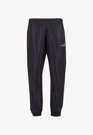 Sorte træningsbukser lavet af glat stof, med elastisk talje, elastiske manchetter og et lille hvidt logo på underbenet.