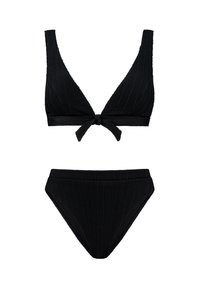 Melna adīta bikini, kas ietver trīsstūrveida topu ar priekšējo sasiešanas detalizāciju un augstu vidukli ar ribotu tekstūru.