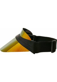 Visière teintée en jaune avec une sangle noire ajustable, présentant un design courbé et une texture lisse. Accents matériels minimalistes.