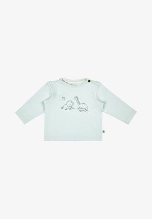 Helles blaues Langarm-T-Shirt mit Dinosauriergrafiken in schwarzem Umriss. Weicher Baumwollstoff, runder Halsausschnitt mit Druckknopfdetails an der Schulter.