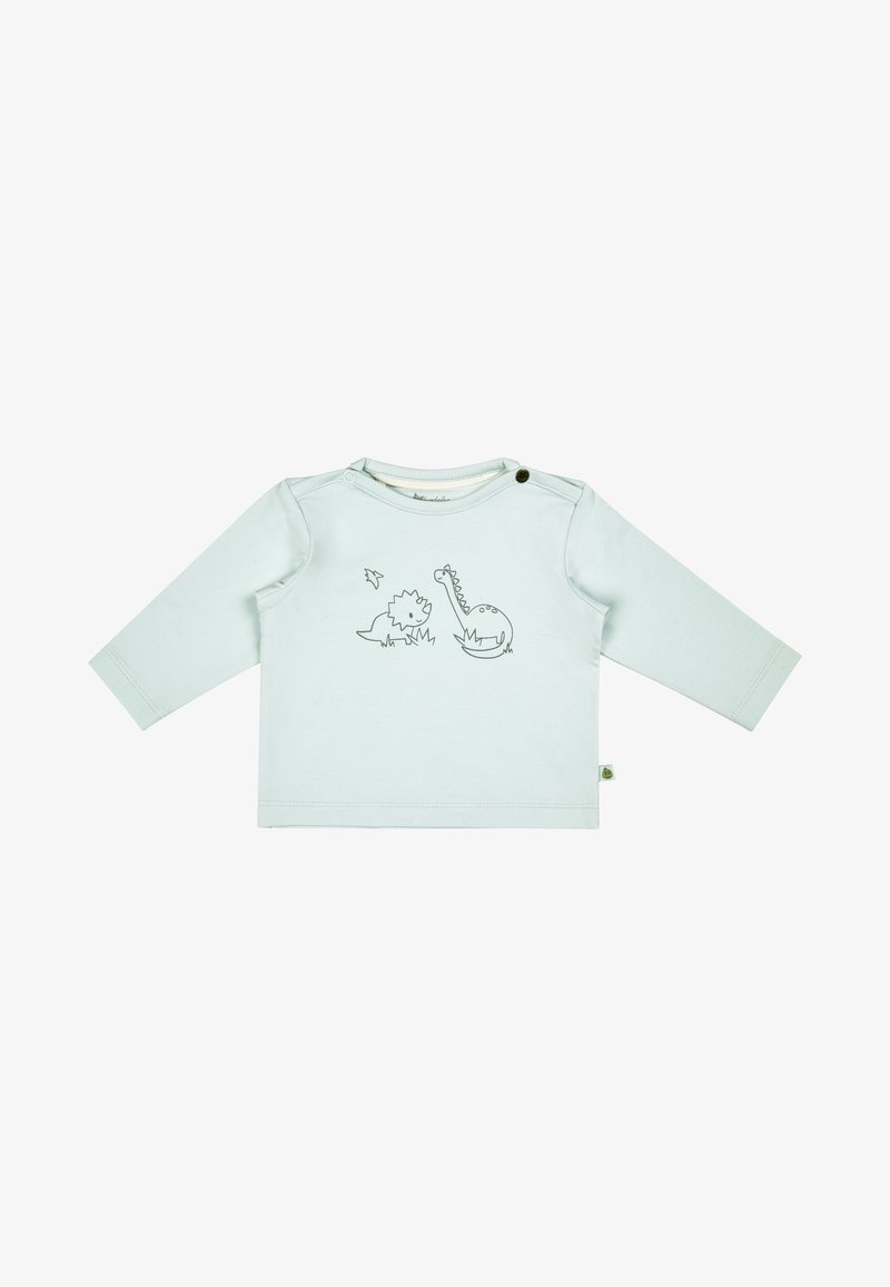 Helles blaues Langarm-T-Shirt mit Dinosauriergrafiken in schwarzem Umriss. Weicher Baumwollstoff, runder Halsausschnitt mit Druckknopfdetails an der Schulter.