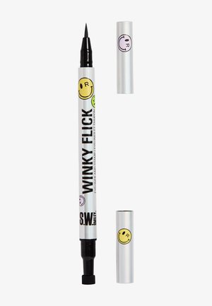 Zweiseitiger silberner Eyeliner-Stift mit schwarzer Filzspitze und Schwammstempel, verziert mit bunten Smiley-Gesichtern und fettem schwarzem Text.