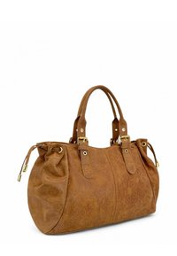 Sac à main en cuir marron avec quincaillerie dorée, poignées doubles et côtés froncés. Présente une texture lisse et une forme arrondie.