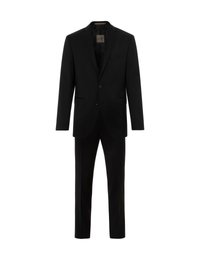 Costume noir composé d'un blazer ajusté et d'un pantalon assorti. Le matériau présente une texture fine avec des rayures discrètes.