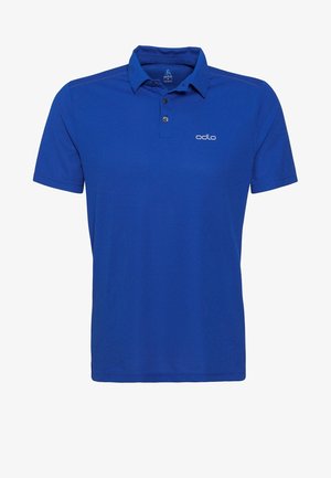 Camiseta polo de manga corta azul con dos botones y logo blanco "odlo" en el pecho izquierdo.